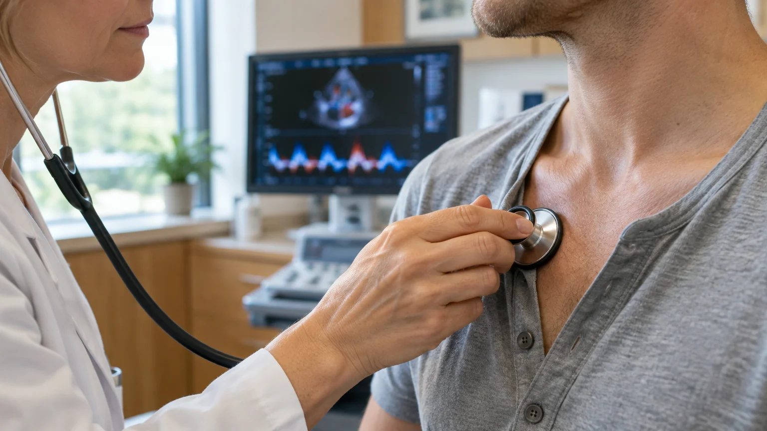 Doctor placing a stethoscope on a man's chest in a clinic with an echocardiogram monitor in the background.