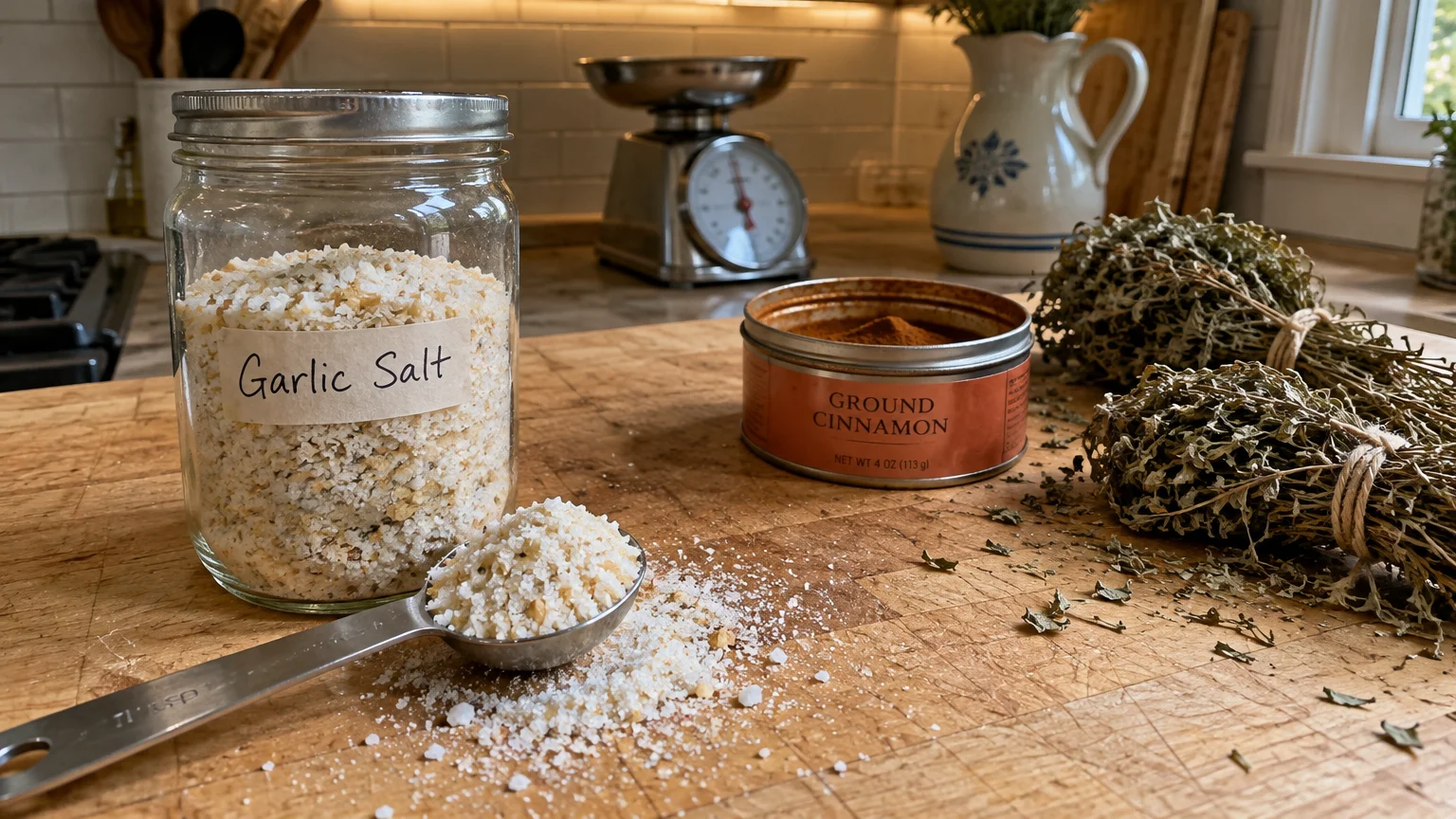 Glass jar of garlic salt with a filled measuring spoon beside an open tin of ground cinnamon and dried herbs on a counter.