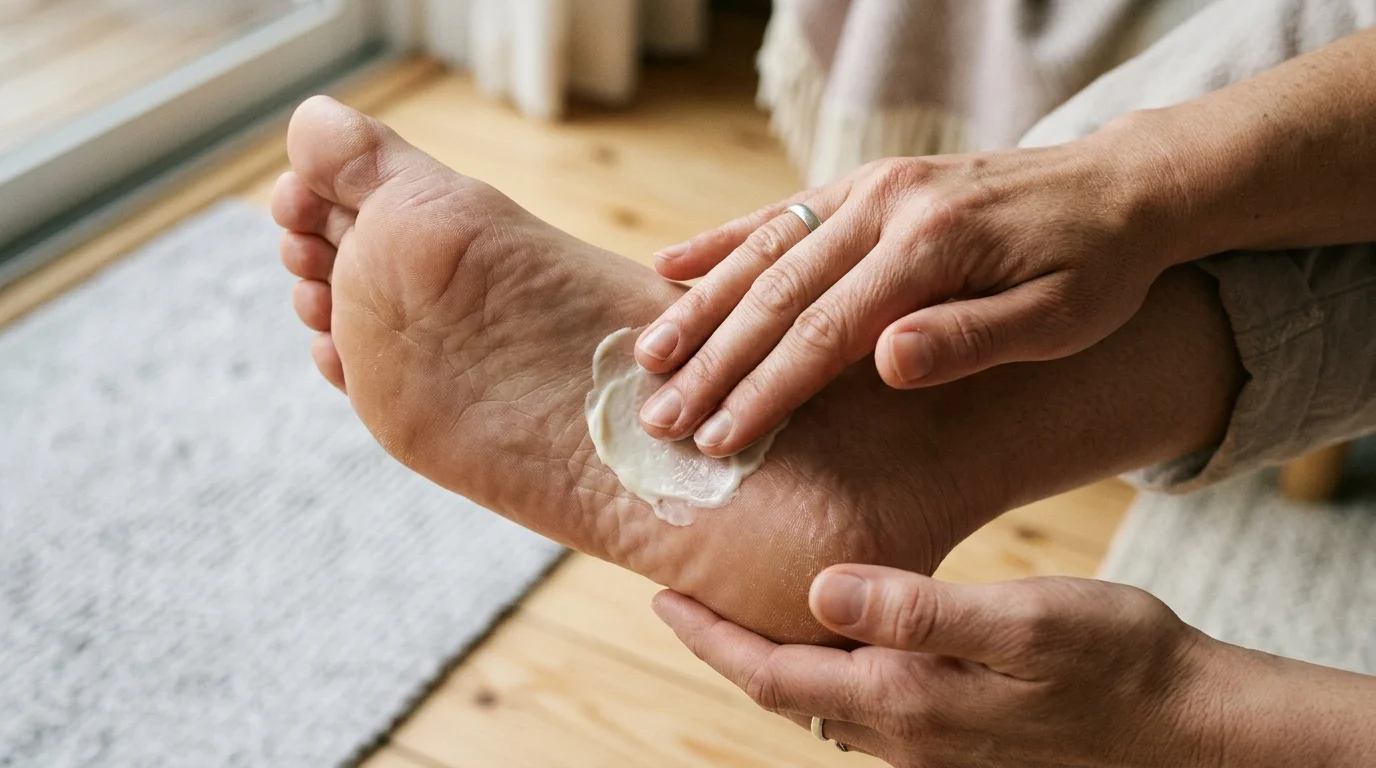 Hands rubbing a thick white cream onto the arch of a bare foot.