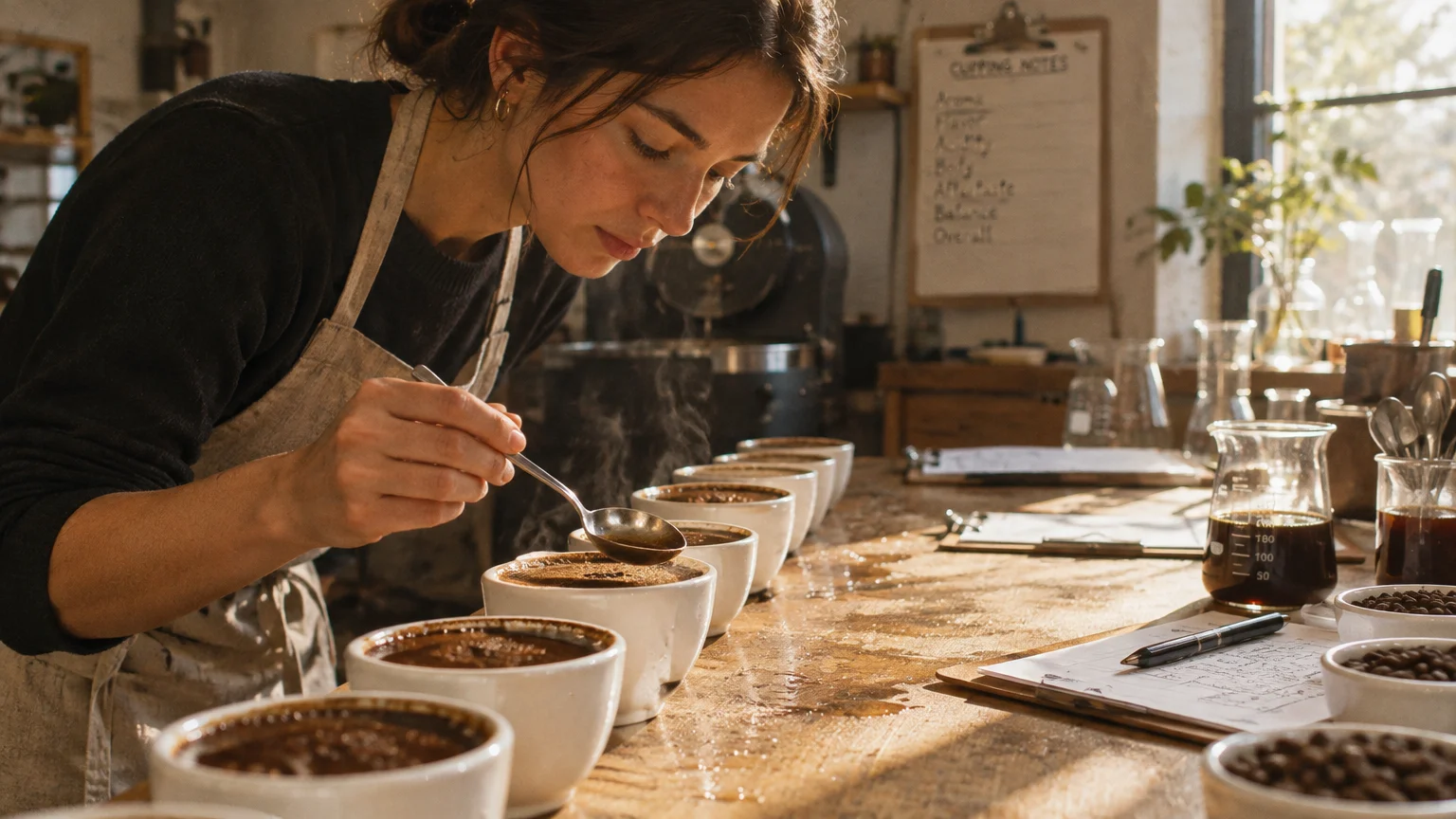 A woman in an apron uses a spoon to taste coffee from a line of steaming cupping bowls on a wooden table.