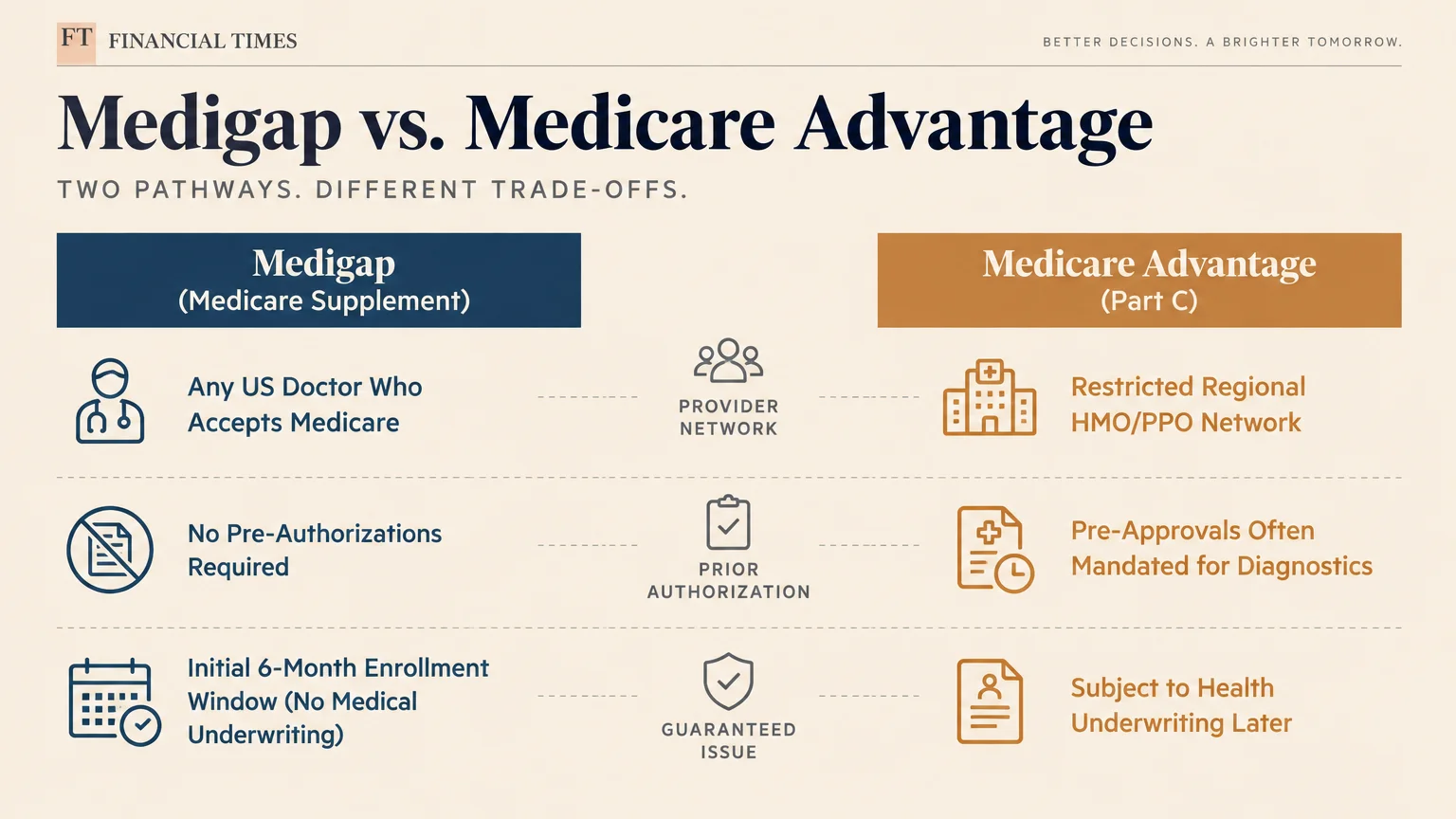 Comparison graphic of Medigap and Medicare Advantage rules on provider networks, prior authorization, and enrollment.
