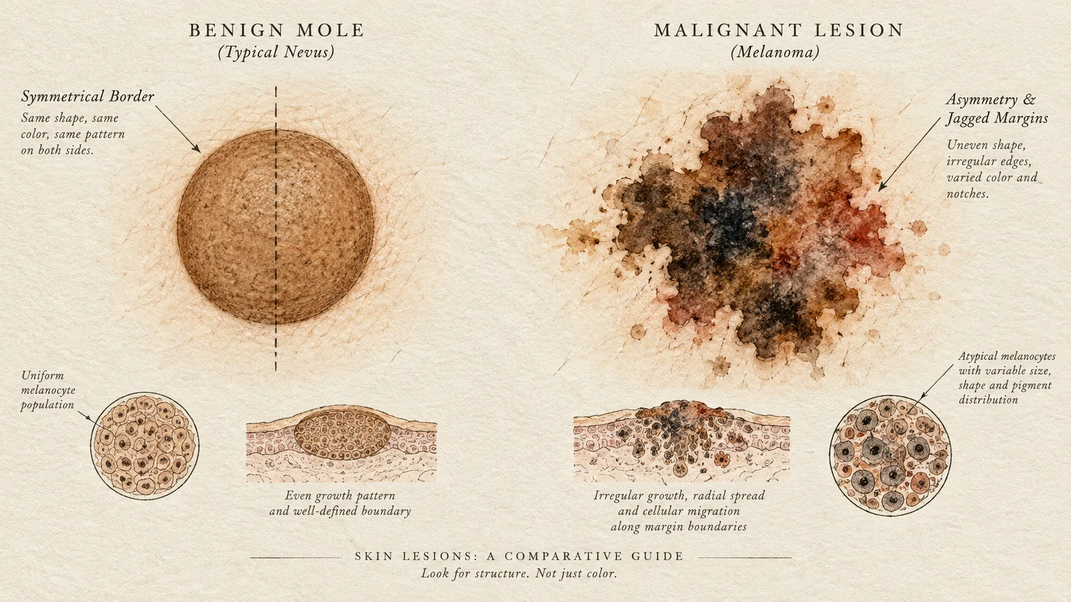 Illustrated comparison diagram of a round benign mole beside an asymmetrical malignant melanoma lesion with jagged margins.