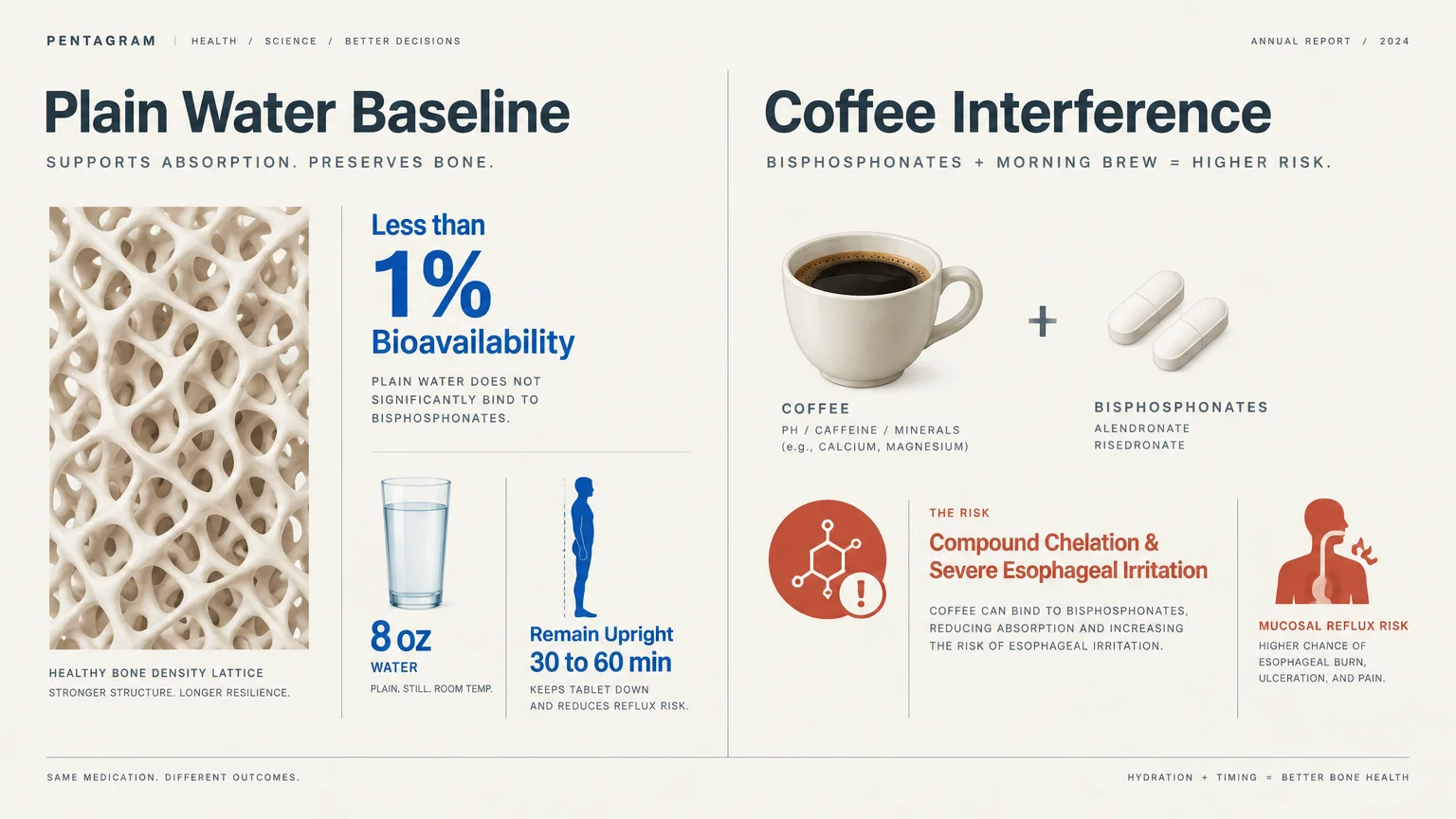 Infographic comparing taking bisphosphonates with plain water versus coffee, detailing bone health and esophageal risks.