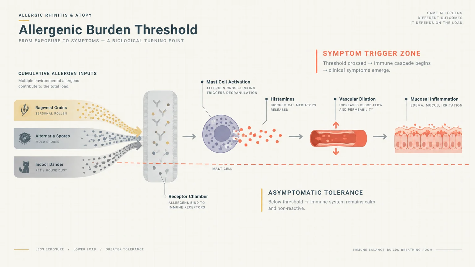 Medical diagram showing cumulative allergens activating a mast cell to trigger histamines, vascular dilation, and inflammation.