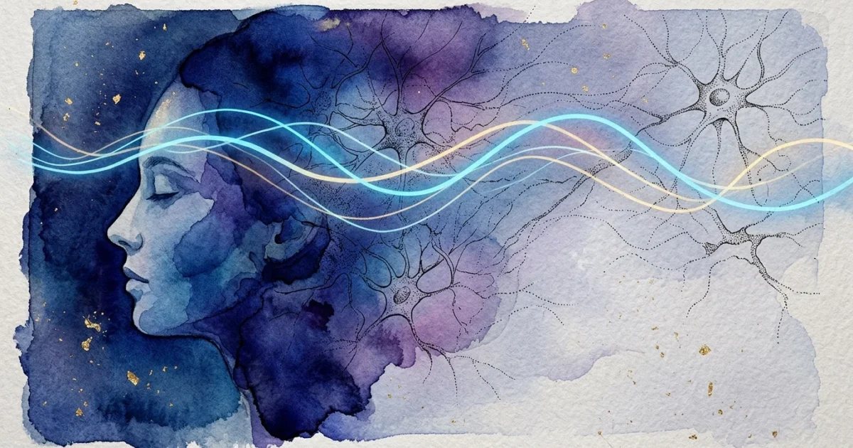 Watercolor illustration of a sleeping profile merging with neuron sketches, gold specks, and glowing wave lines.