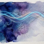 Watercolor illustration of a sleeping profile merging with neuron sketches, gold specks, and glowing wave lines.