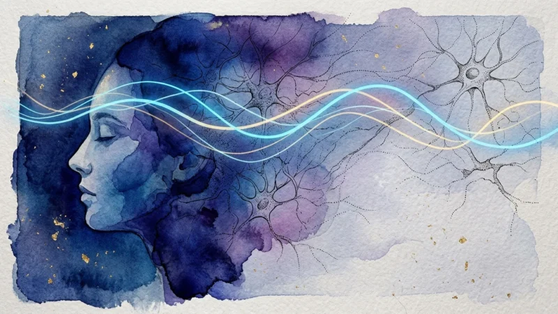 Watercolor illustration of a sleeping profile merging with neuron sketches, gold specks, and glowing wave lines.