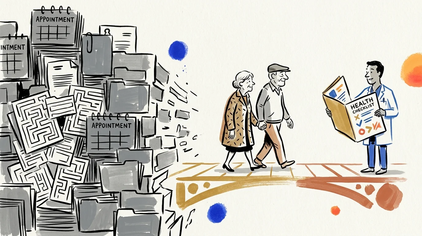 Illustration of an elderly couple walking away from a pile of paperwork toward a smiling doctor holding a checklist.