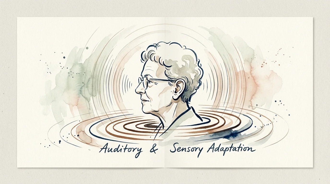 Watercolor sketch of an older person with glasses surrounded by concentric sound wave ripples and calligraphy text.