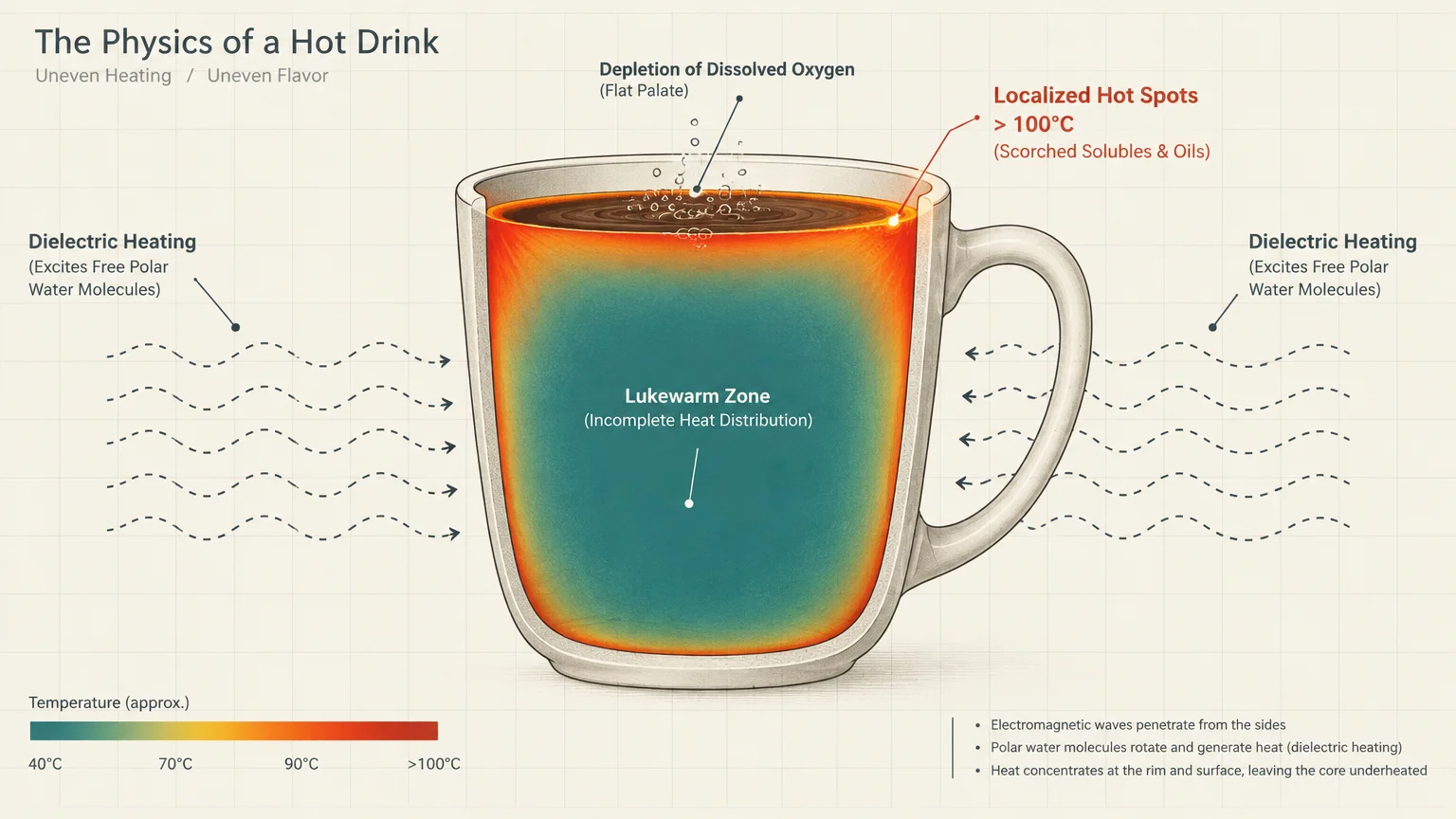 Cross-section diagram of a coffee mug showing dielectric heating creating hot red edges and a cool green lukewarm center.