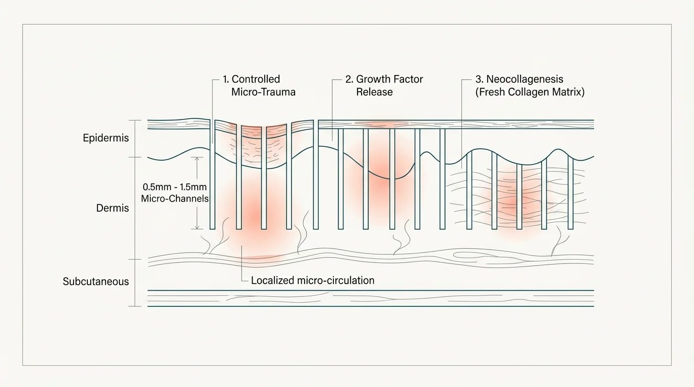 Diagram of skin layers illustrating three stages of microneedling: micro-trauma, growth factor release, and neocollagenesis.