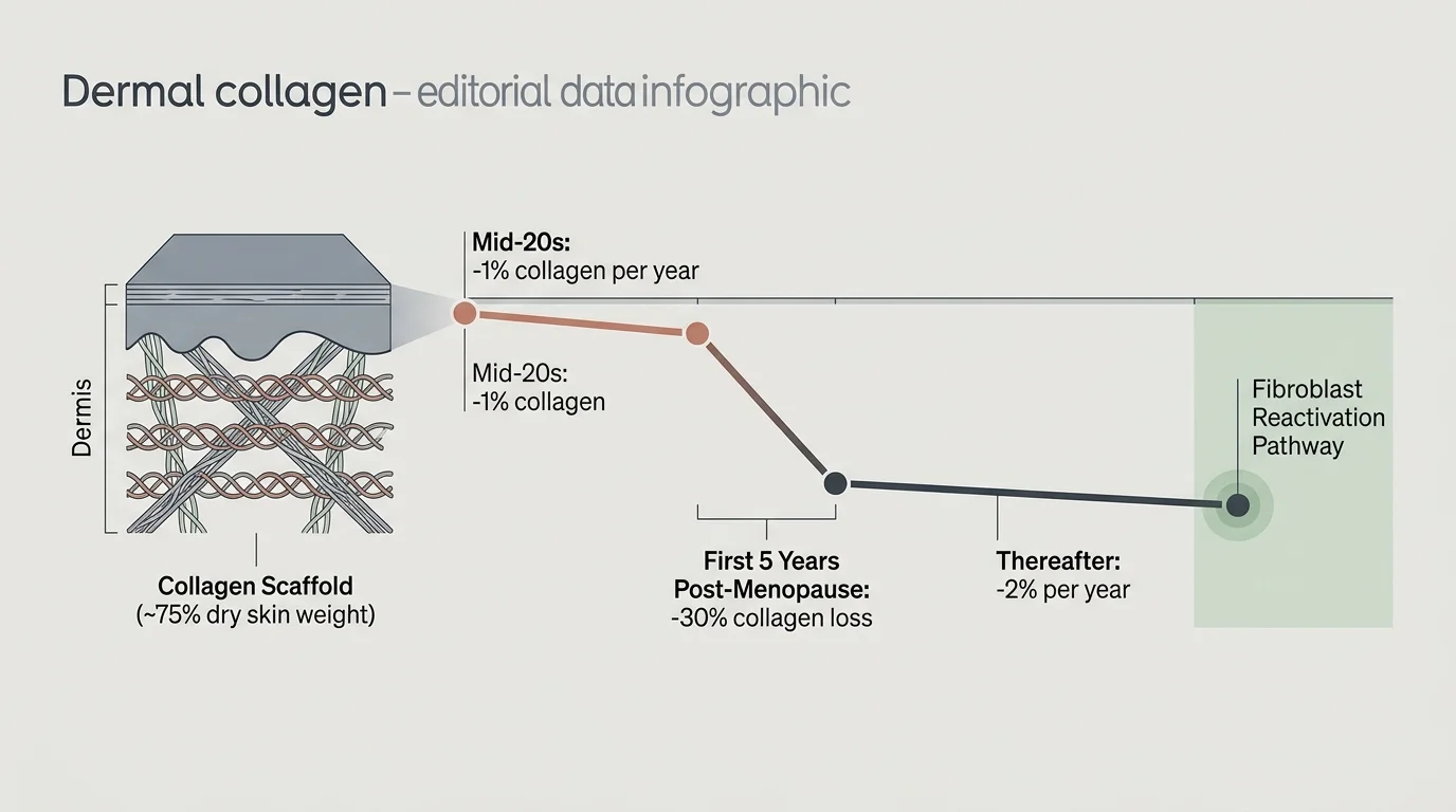 Infographic showing skin collagen layers alongside a decline curve detailing 30% loss within five years post-menopause.