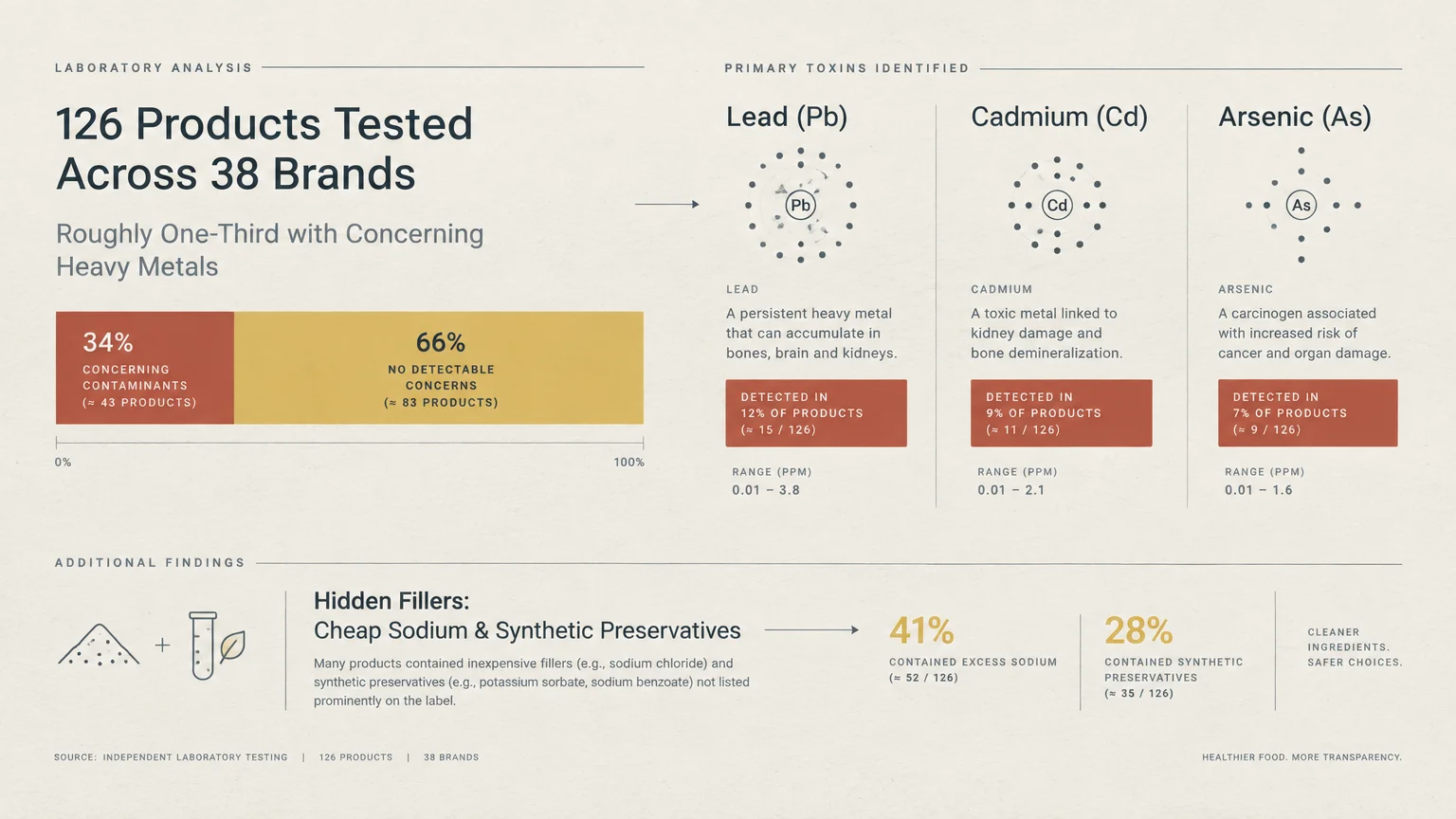 Diagram showing laboratory analysis of 126 spice products tested for heavy metals like lead, cadmium, and arsenic.