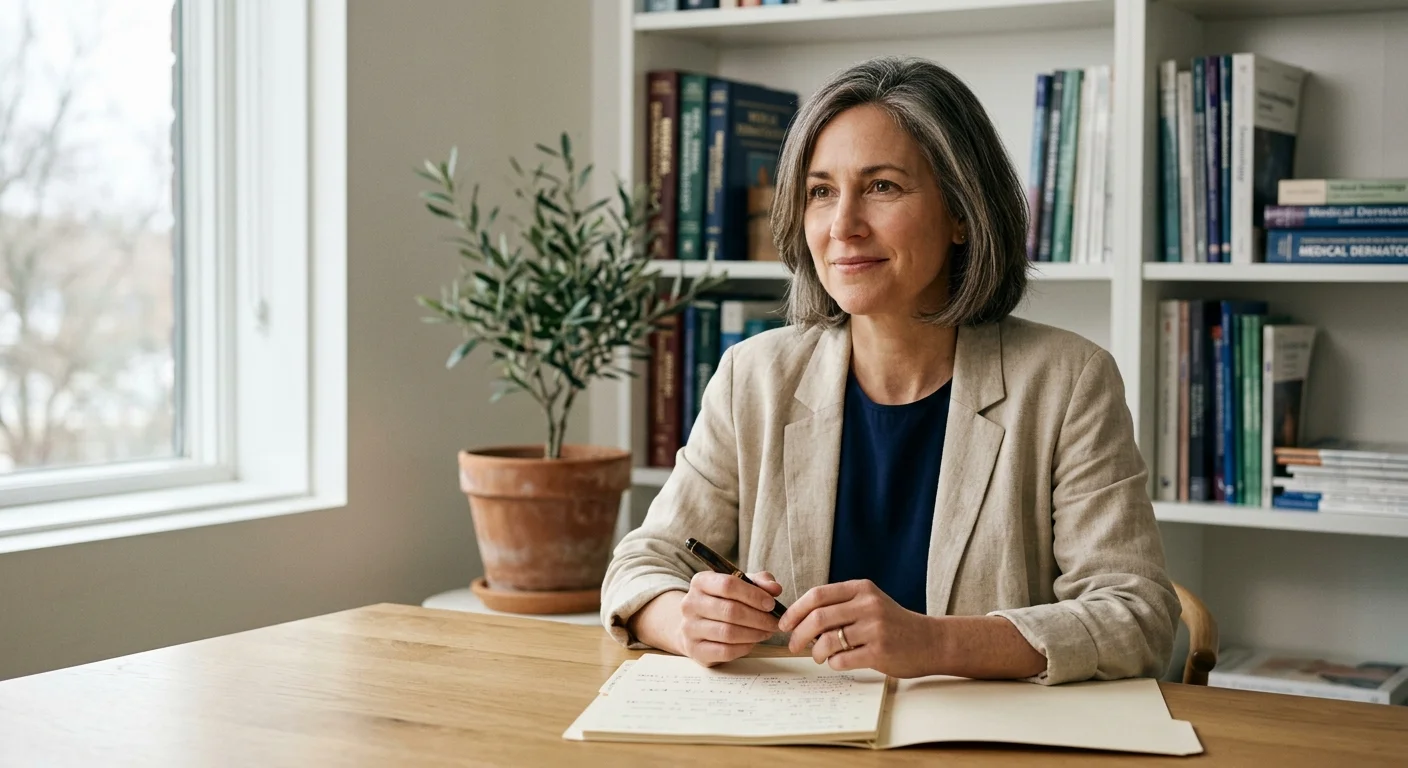 Mature woman in a beige blazer sitting at a wooden desk with a pen and notebook in front of a bookshelf.