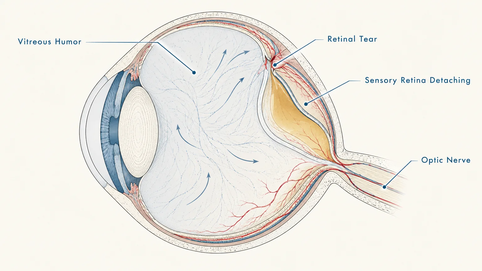 Cross-section diagram of an eye showing a retinal tear and fluid causing the sensory retina to detach near the optic nerve.