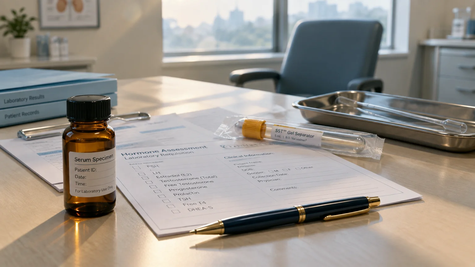 Hormone assessment lab requisition form on a desk with a pen, serum specimen bottle, and blood collection tube.