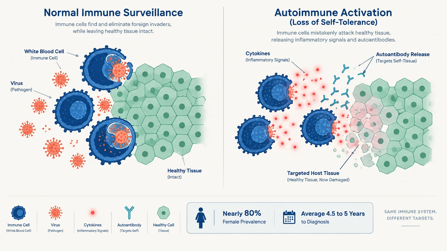 Diagram comparing normal immune surveillance attacking viruses to autoimmune activation targeting and damaging healthy host tissue.