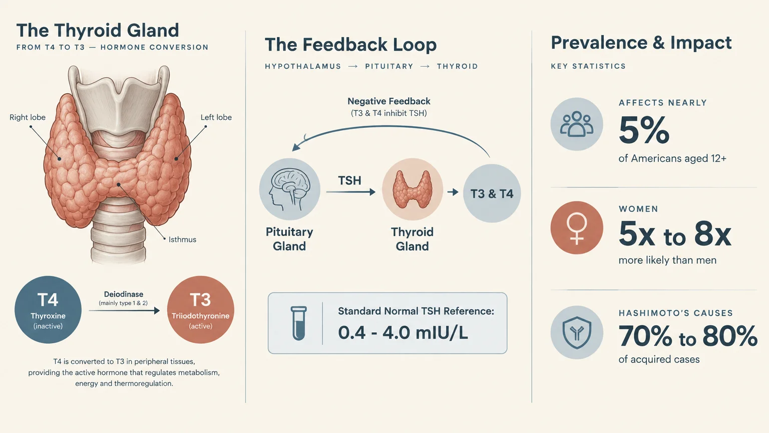 Medical infographic showing thyroid anatomy, T4 to T3 conversion, the pituitary feedback loop, and prevalence statistics.