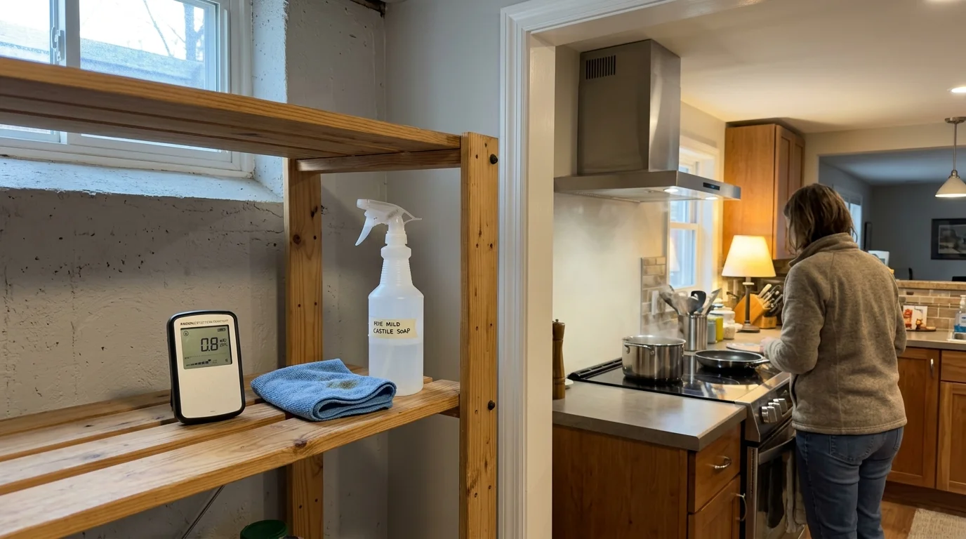 Wooden shelf holding an air quality monitor, cloth, and castile soap spray, looking into a kitchen where someone cooks.