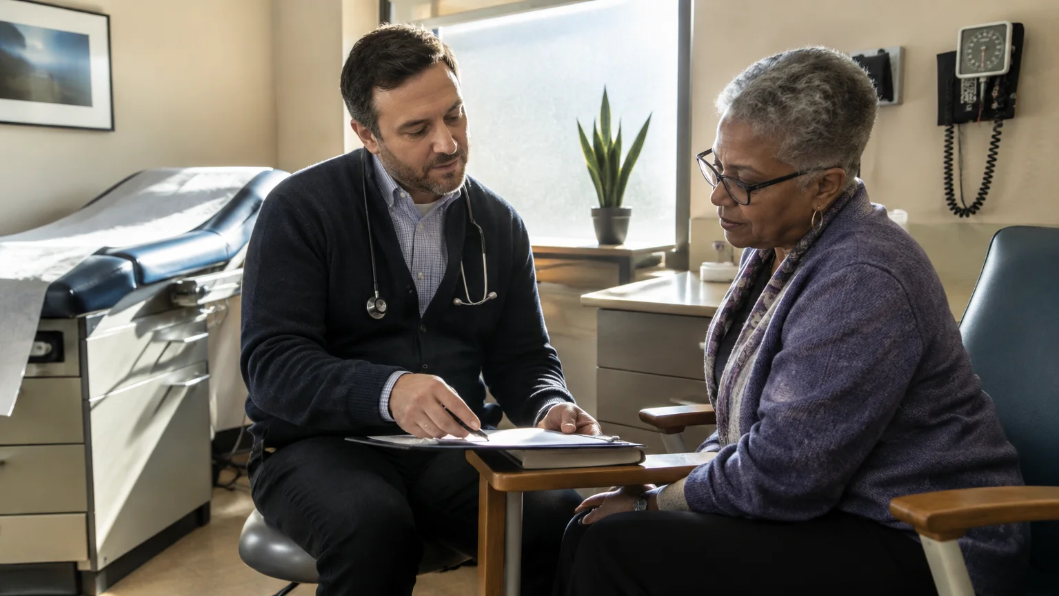 A male doctor with a stethoscope discusses clipboard notes with a seated senior woman in an examination room.