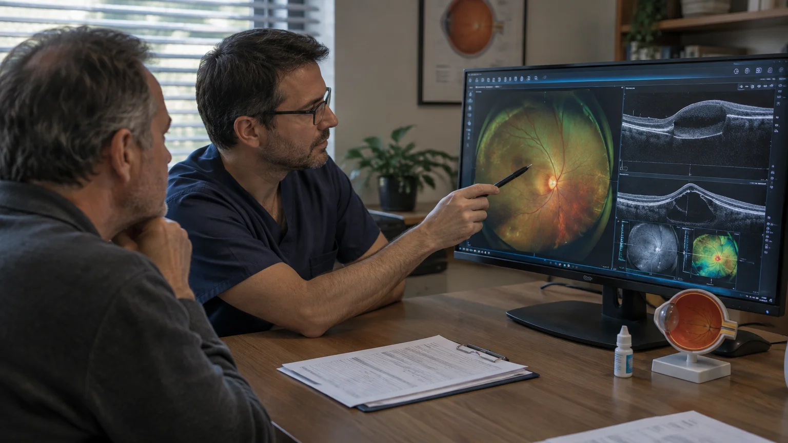 A doctor points at retinal scan images on a computer monitor while consulting with a patient seated at a desk.