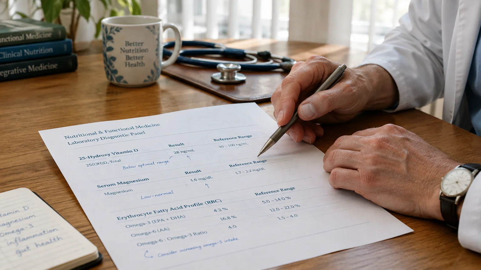 Doctor holding a pen over a printed nutritional lab report on a wooden desk with a stethoscope nearby.