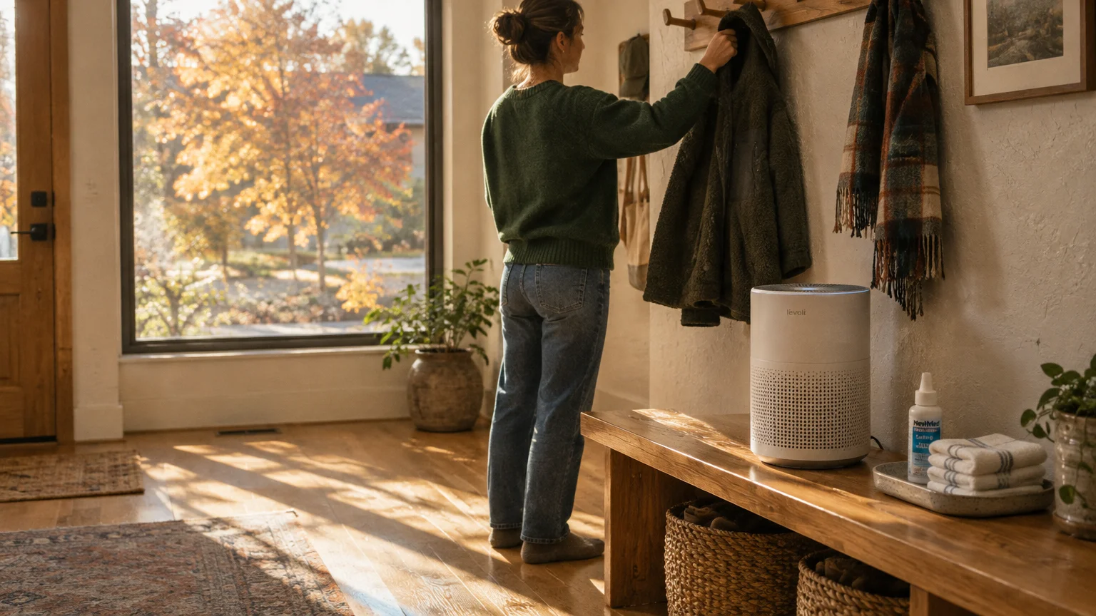 A woman hanging up her jacket in an entryway next to a small air purifier and nasal rinse bottle on a wooden bench.