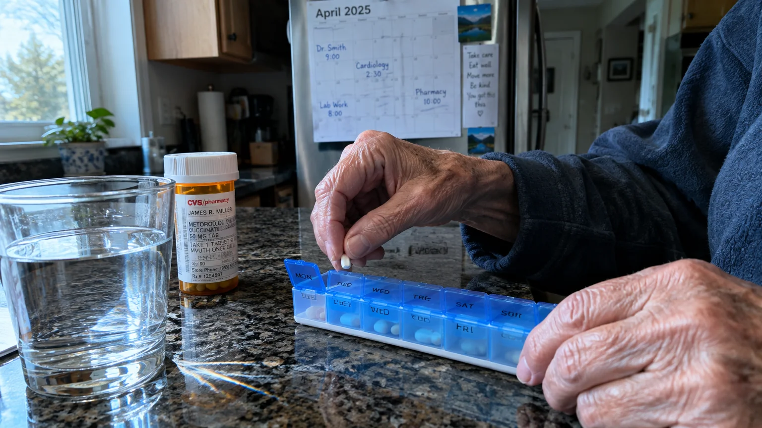 An older adult places a pill into a weekly organizer next to a prescription medication bottle and glass of water.
