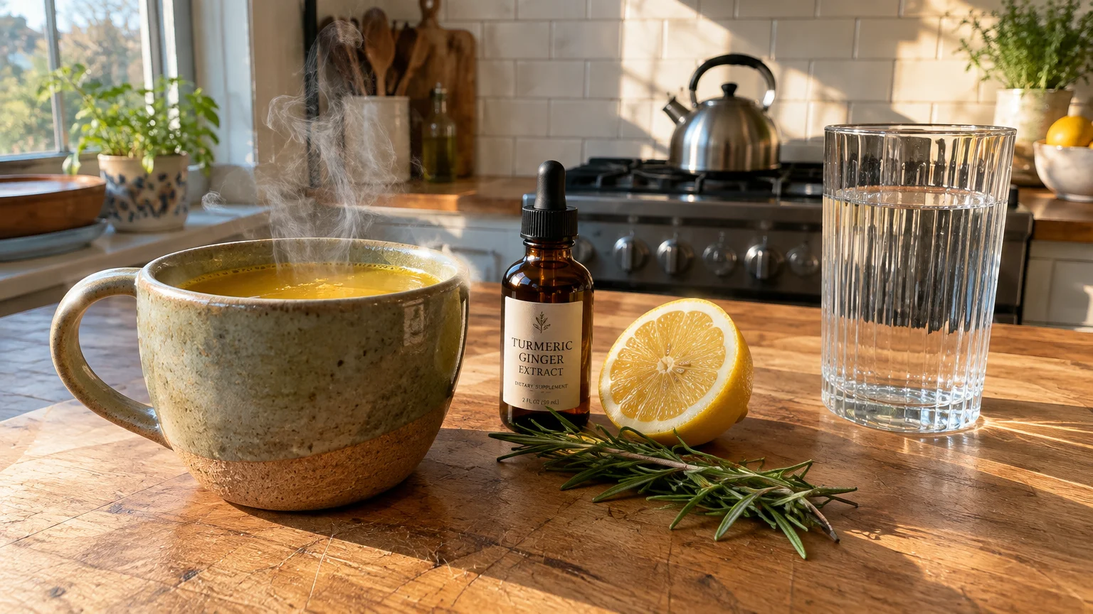 Steaming yellow tea, turmeric ginger extract bottle, lemon half, rosemary, and water glass on a wooden kitchen counter.