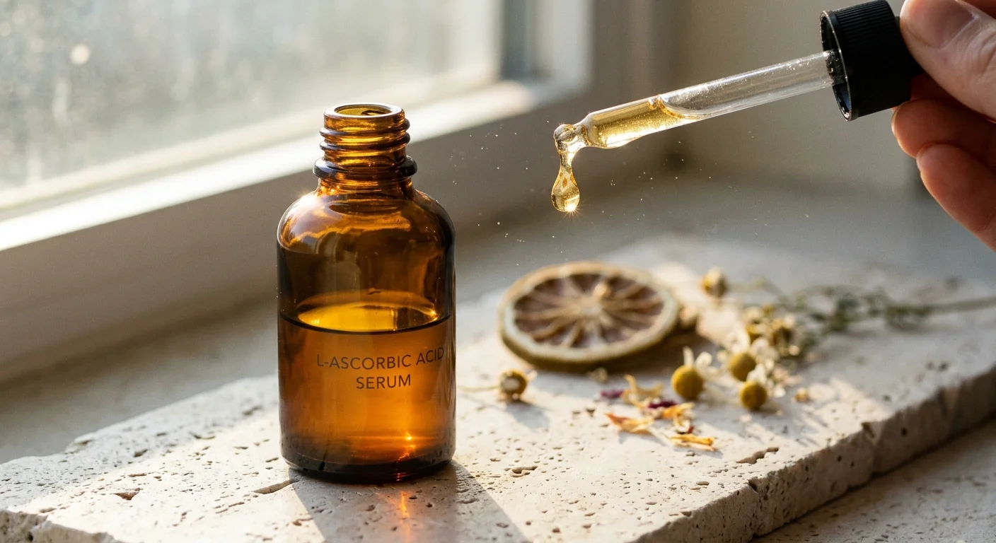 Amber glass bottle labeled L-ascorbic acid serum with a glass dropper dispensing a golden drop near dried citrus.