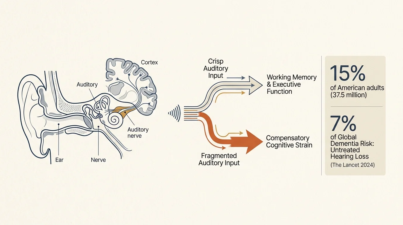 Diagram tracing sound from an ear to the brain, comparing crisp auditory input to fragmented input and cognitive strain.