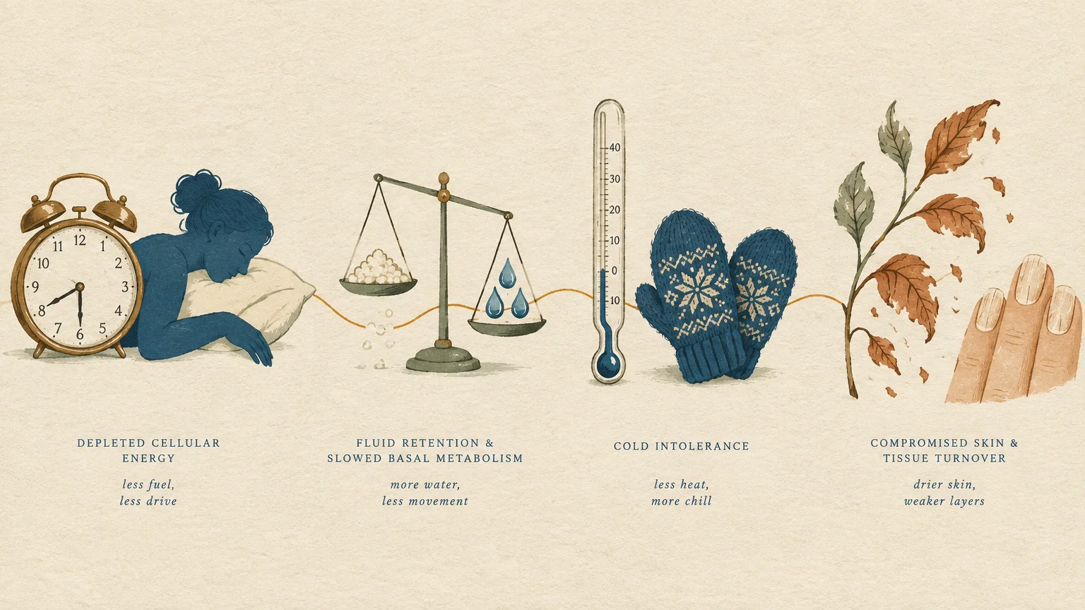 Illustration of four thyroid symptoms: fatigue with an alarm clock, water retention scales, cold intolerance mittens, and dry nails.