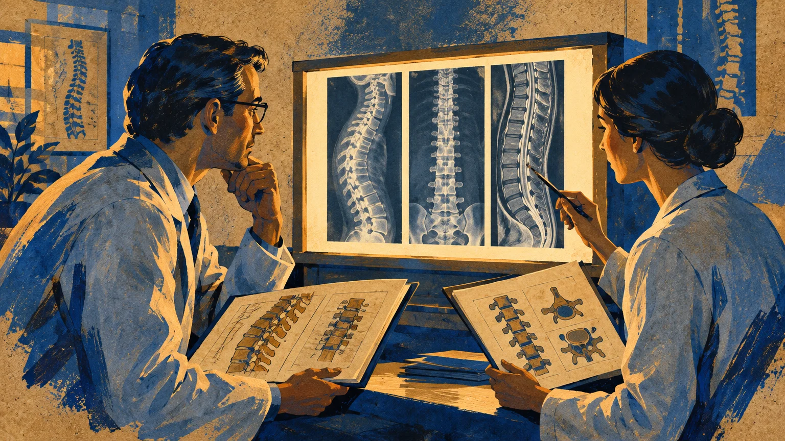 Two doctors in lab coats review spinal X-rays and MRI scans displayed on an illuminated monitor with anatomical diagrams.