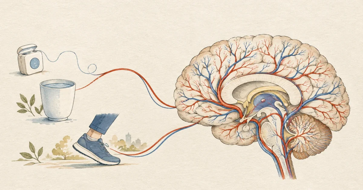 Illustration of dental floss, a water glass, and a walking shoe connected by blood vessels to a human brain cross section.