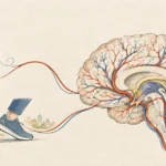 Illustration of dental floss, a water glass, and a walking shoe connected by blood vessels to a human brain cross section.
