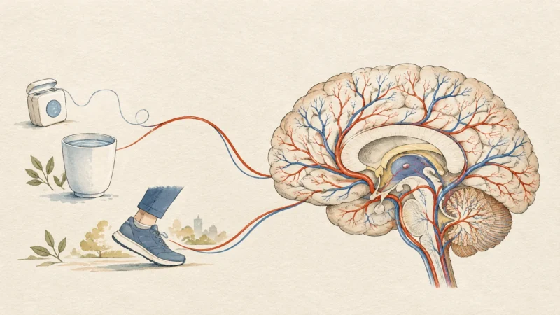 Illustration of dental floss, a water glass, and a walking shoe connected by blood vessels to a human brain cross section.