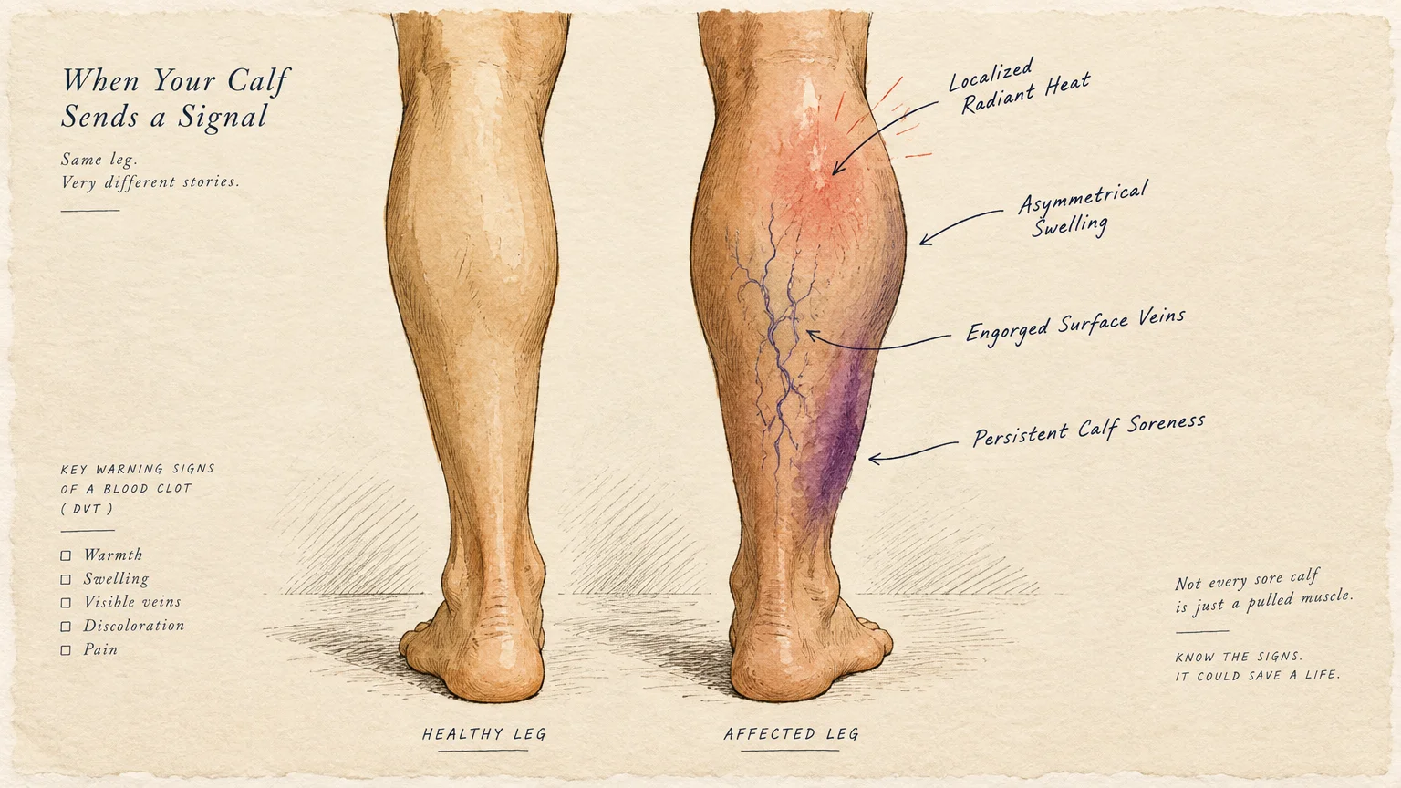 Medical illustration comparing a healthy calf to an affected leg showing swelling, redness, and engorged veins.