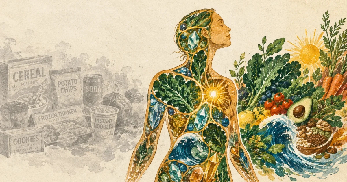 Illustration of a woman composed of plants, crystals, and waves, between processed foods and fresh produce.