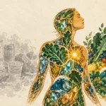 Illustration of a woman composed of plants, crystals, and waves, between processed foods and fresh produce.