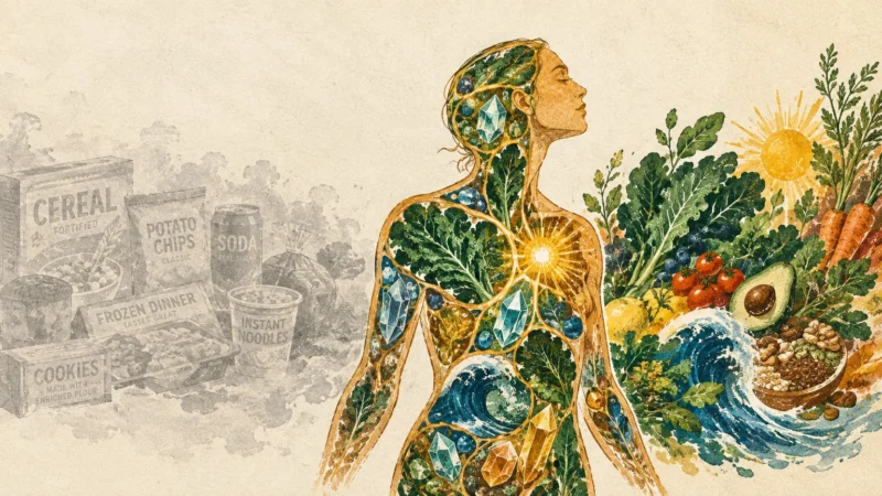 Illustration of a woman composed of plants, crystals, and waves, between processed foods and fresh produce.