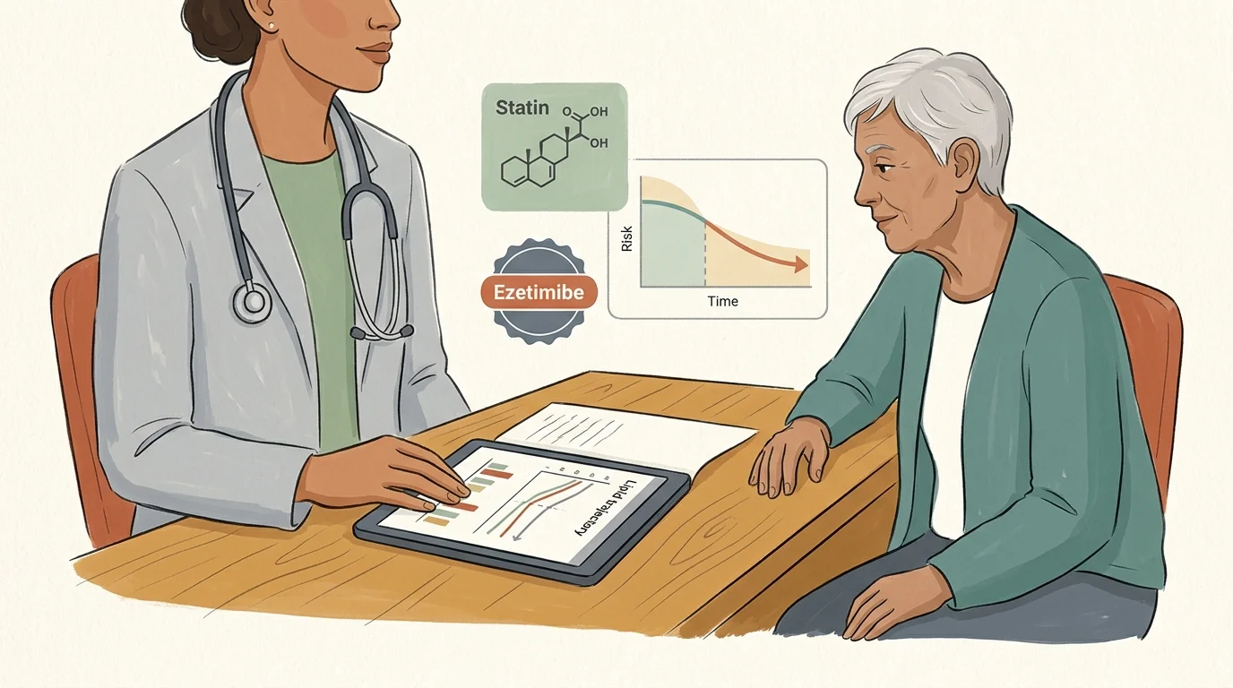 Illustration of a doctor and senior patient reviewing charts on a tablet, with statin and ezetimibe graphics above.