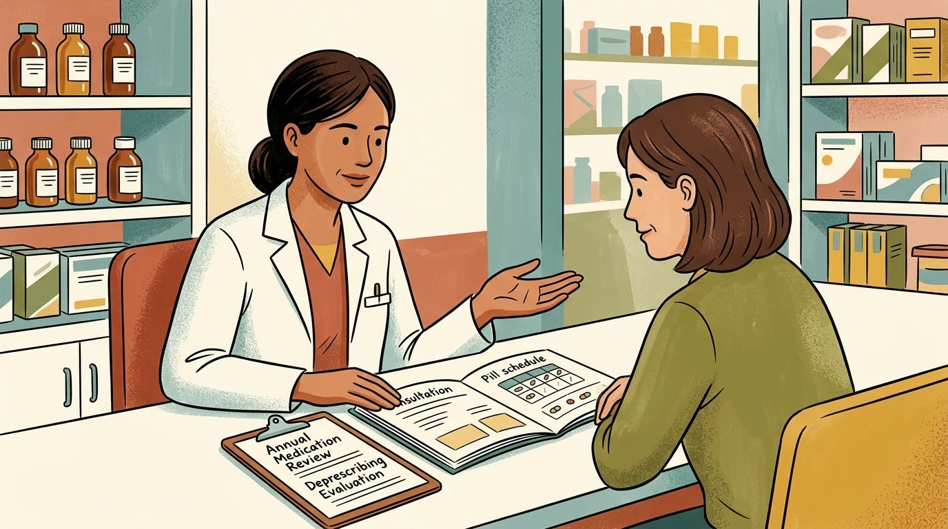 Illustration of a pharmacist in a white coat reviewing a medication schedule with a patient in a pharmacy.