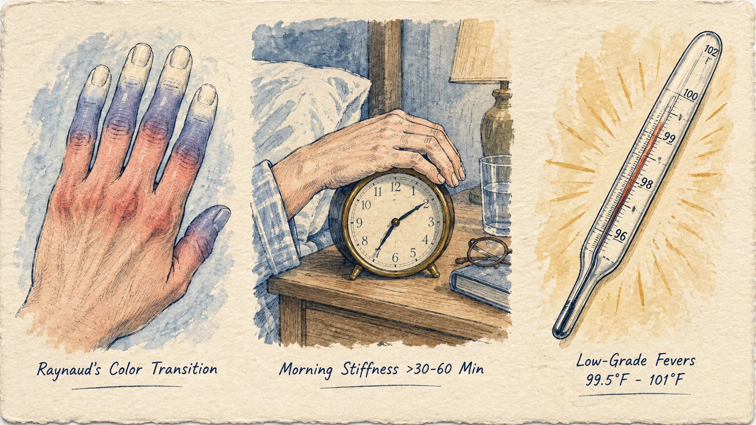 Three watercolor panels illustrating Raynaud's color transition on fingers, hand reaching for an alarm clock, and a thermometer.