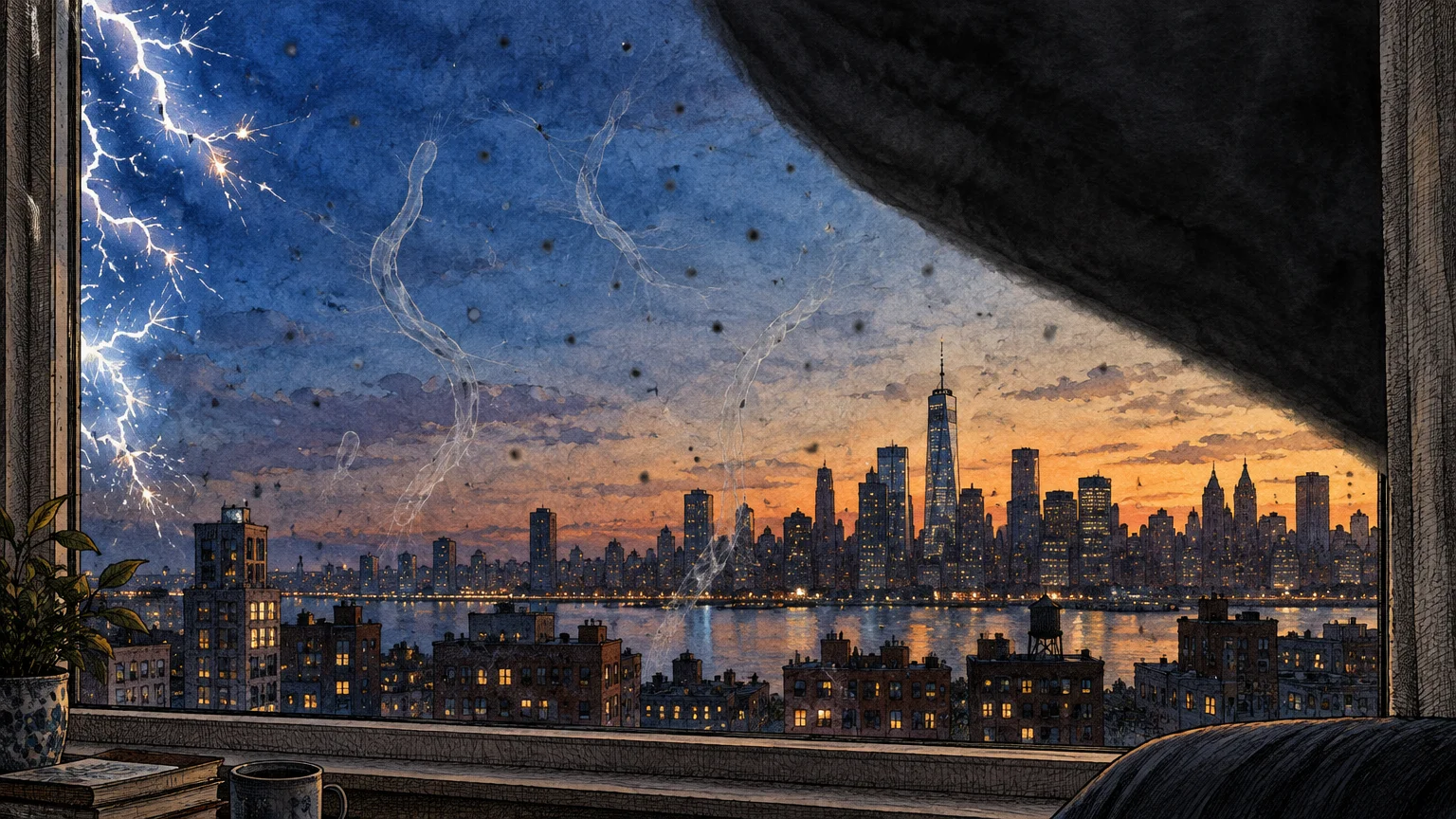 Illustration of a city skyline through a window, obscured by flashes of light, floaters, and a dark shadow coming down.