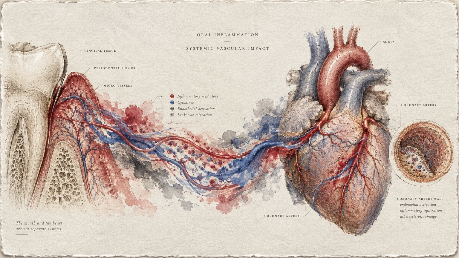 Medical illustration connecting a tooth cross-section to a human heart and artery via inflamed blood vessels.