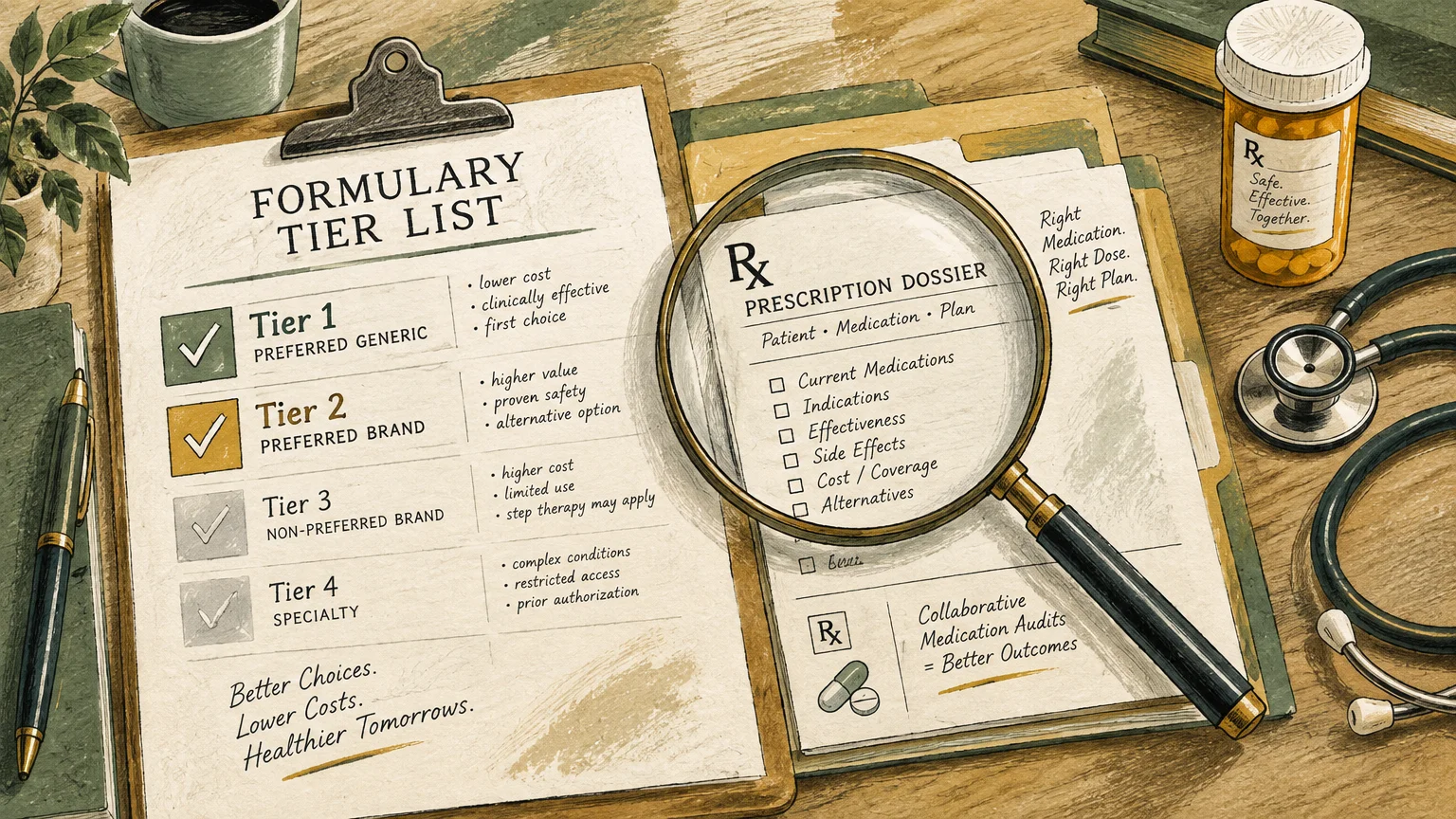 Clipboard with a formulary tier list next to a prescription dossier under a magnifying glass, stethoscope, and pill bottle.
