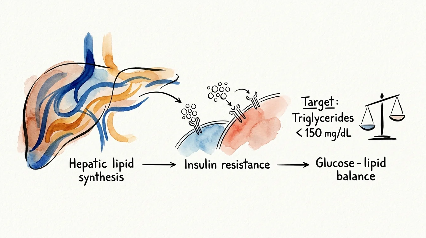 Watercolor diagram illustrating hepatic lipid synthesis, insulin resistance, and a target triglyceride level under 150 mg/dL.