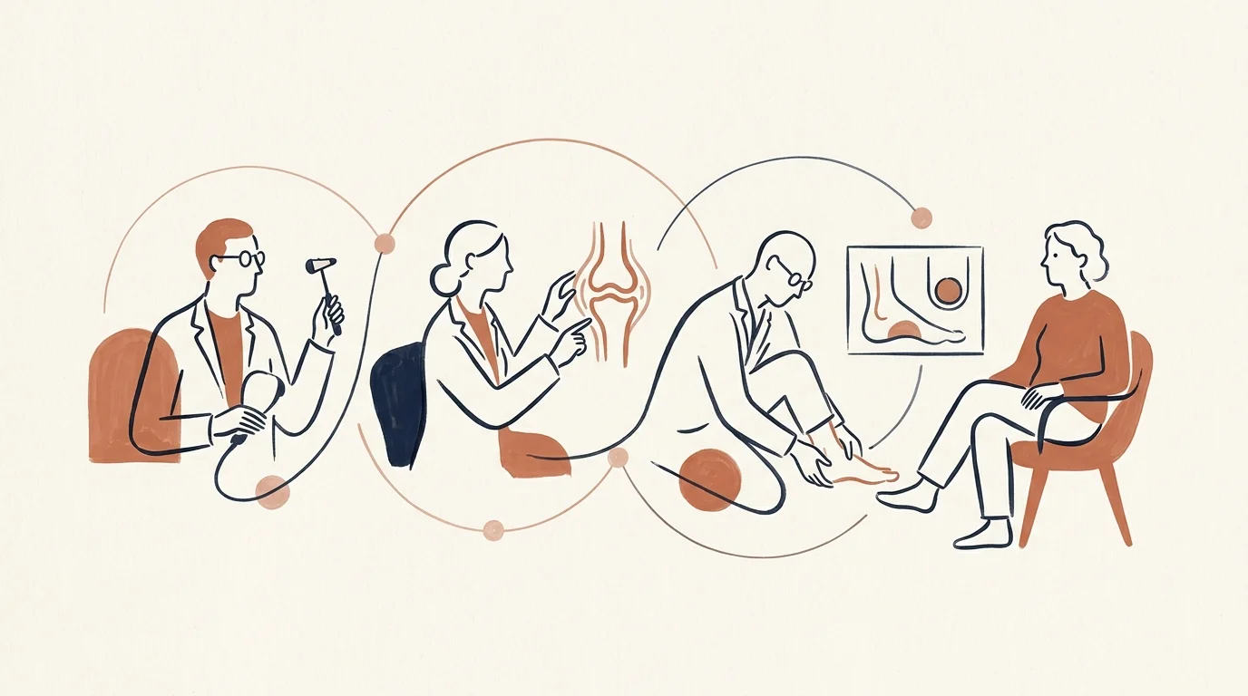 Minimalist line illustration of doctors examining joint diagrams, nerve reflexes, and a seated patient's foot.