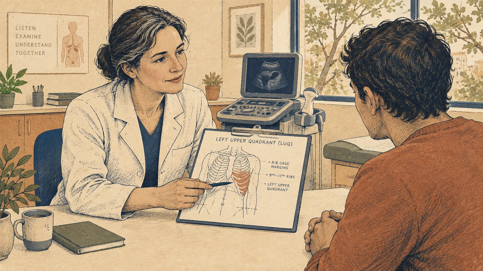 A doctor points to a left upper quadrant diagram while consulting with a patient beside an ultrasound machine.