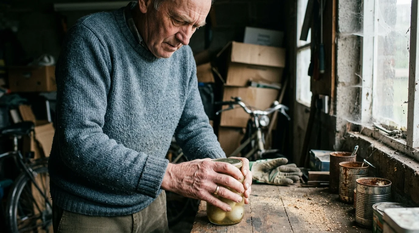 An older man wearing a blue sweater attempts to open a glass jar with both hands in a workshop.